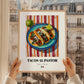 Tacos al Pastor – on Striped Tablecloth, Mexican Food Illustration, styled in a charming Paris street view