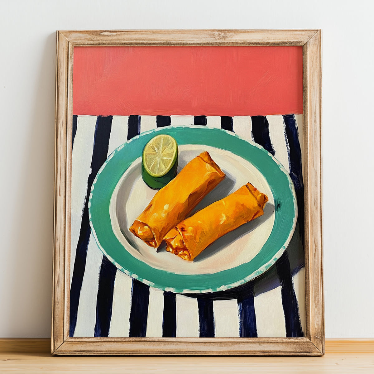 Tamales – on Striped Tablecloth, Mexican Food Wall Decor, no-text version framed in wood