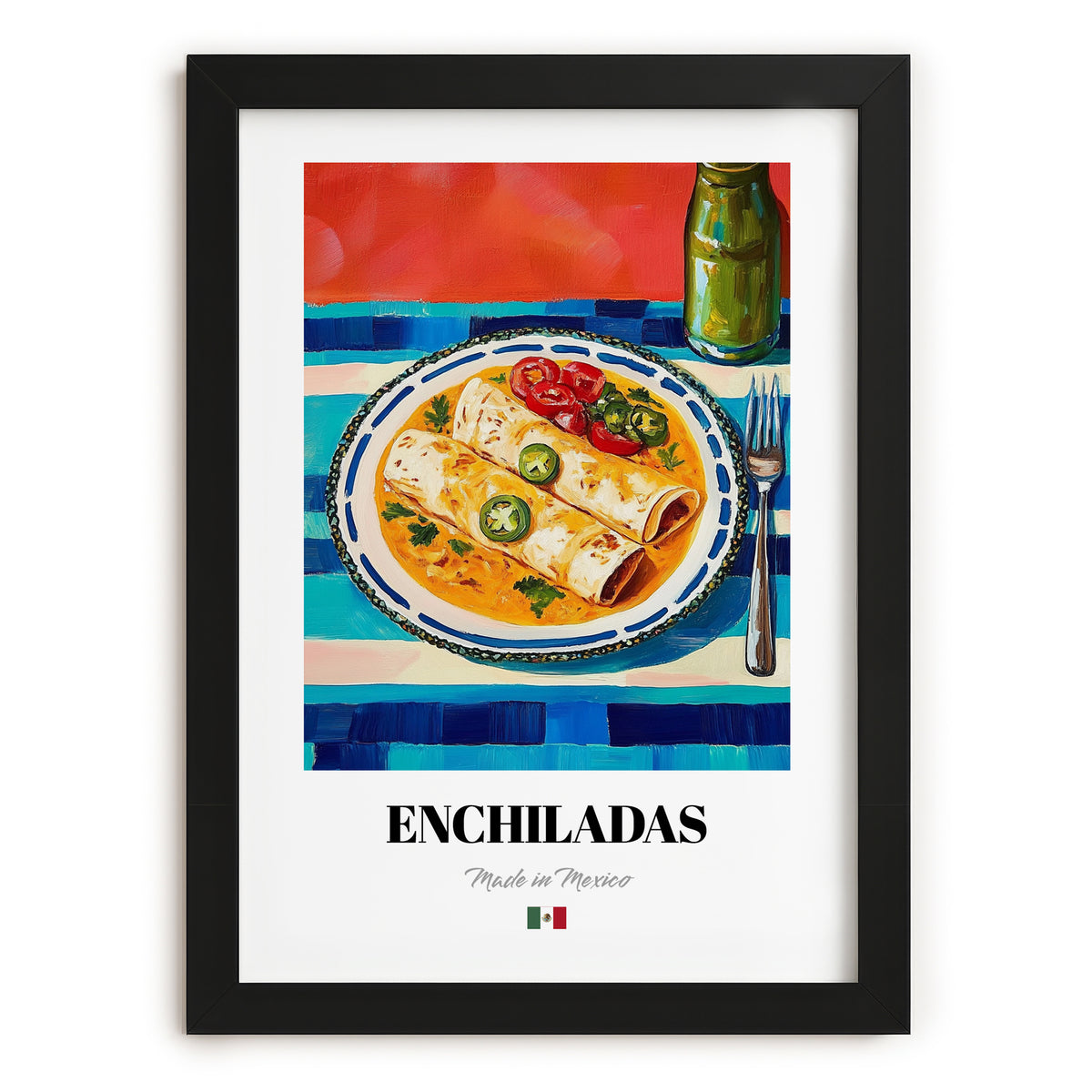 Enchiladas – Colorful Oil Painting, Mexican Food Painting, in sleek black frame