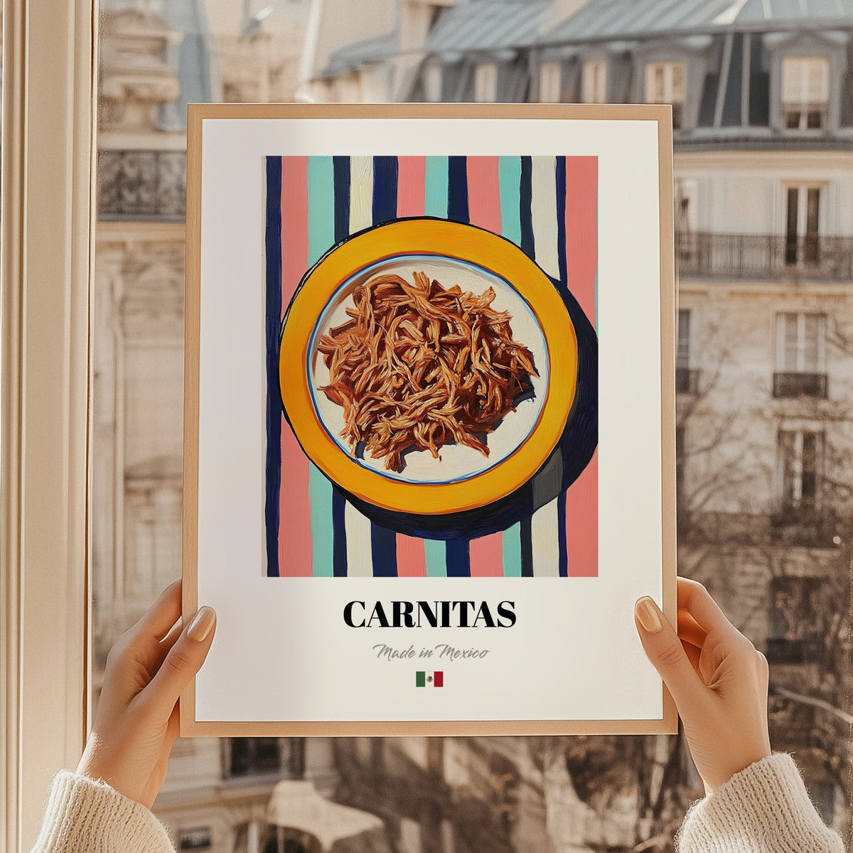 Carnitas – on Striped Tablecloth, Mexican Food Illustration, styled in a charming Paris street view