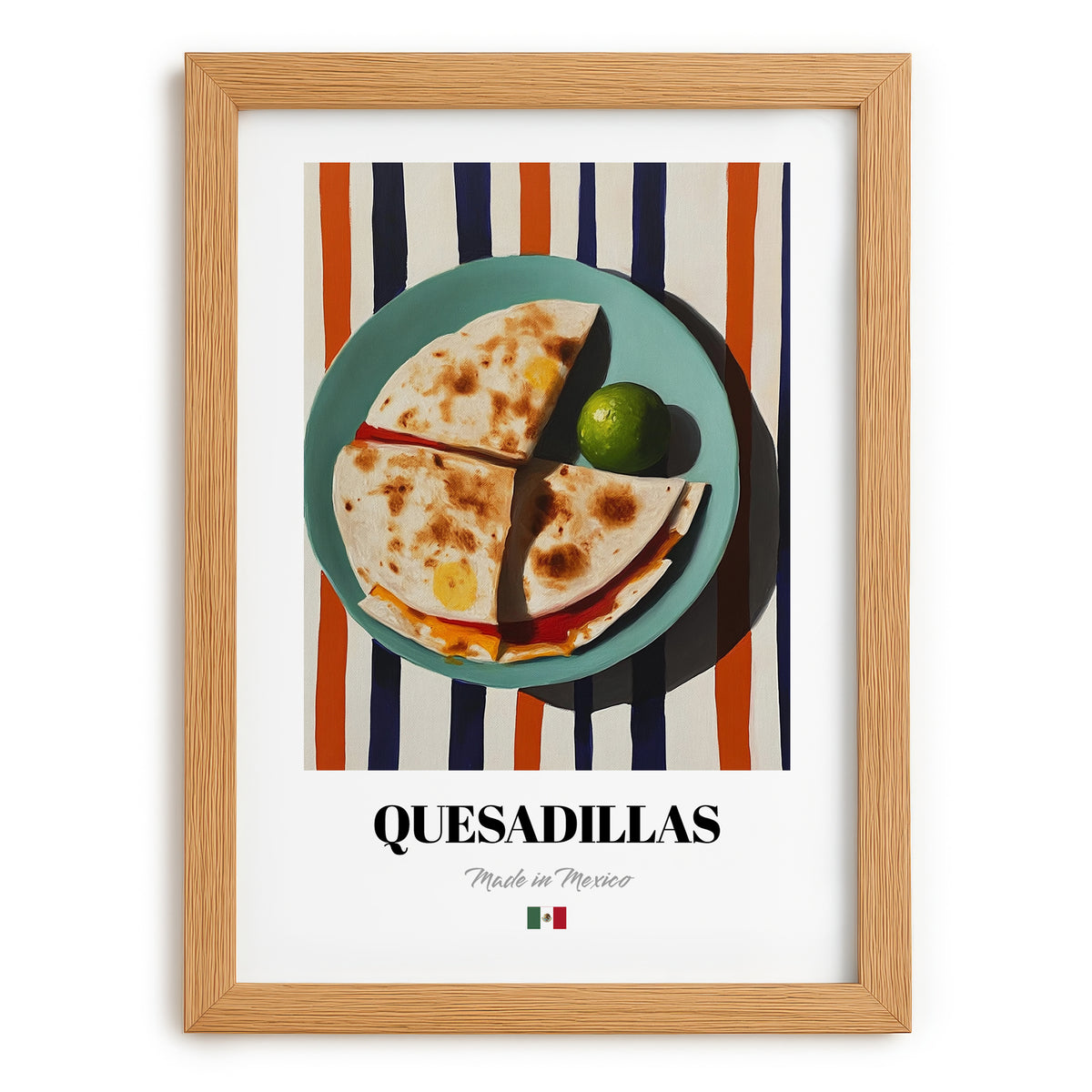 Quesadillas – on Striped Tablecloth, Mexican Cheese Wall Art, set in oak frame
