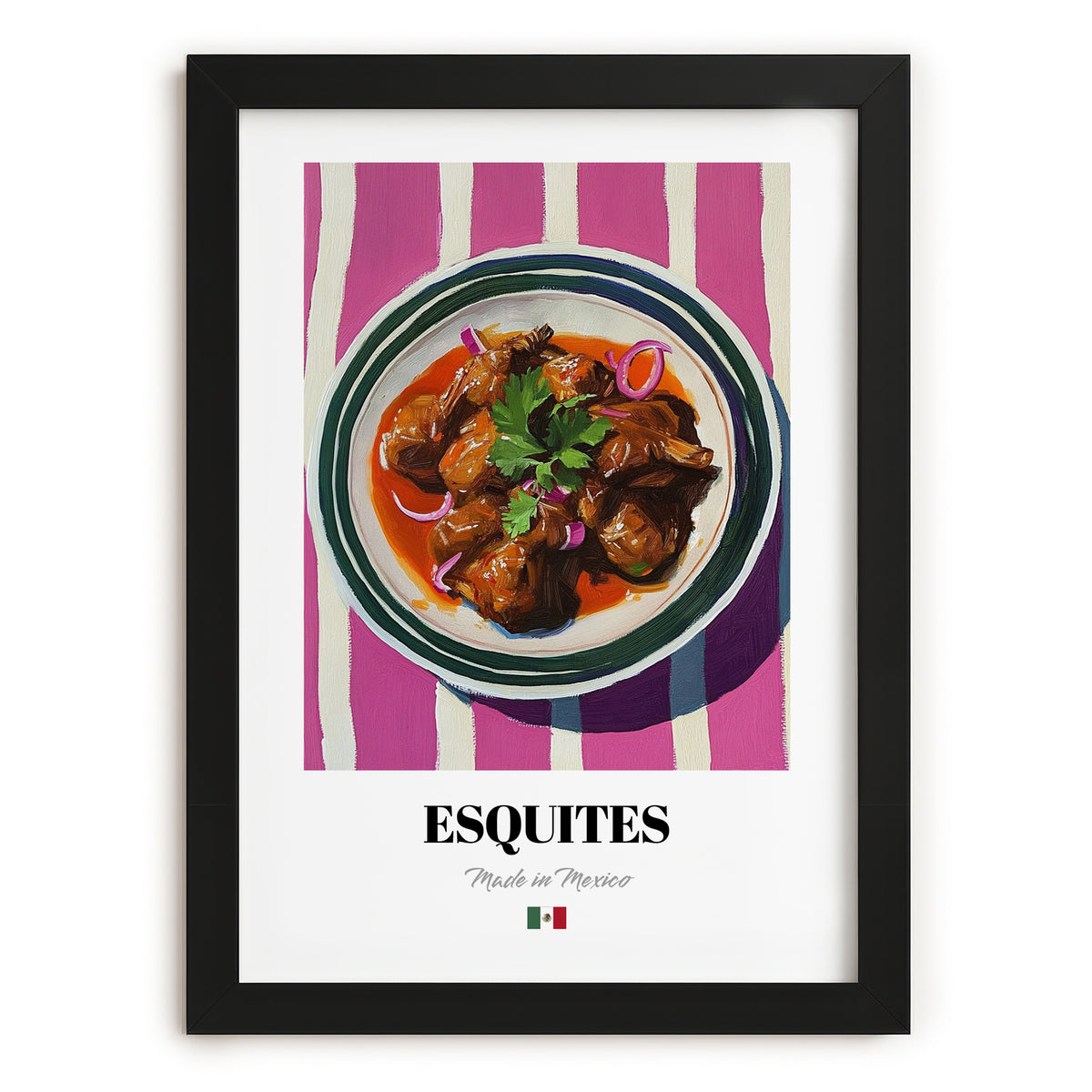 Esquites – on Striped Tablecloth, Mexican Food Print, in sleek black frame