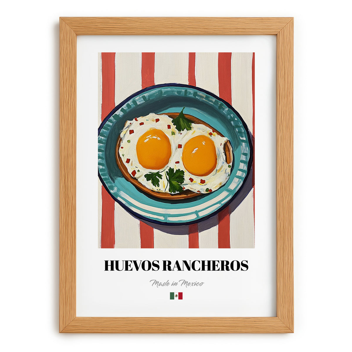 Huevos Rancheros – on Striped Tablecloth, Mexican Food Illustration, set in oak frame