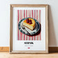 Sernik – on Striped Tablecloth, Polish Dessert Art, in wooden frame leaning on the floor