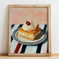 Kremówka (Napoleonka) – on Striped Tablecloth, Polish Dessert Painting, no-text version framed in wood