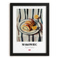 Makowiec – on Striped Tablecloth, Polish Dessert Print, in sleek black frame