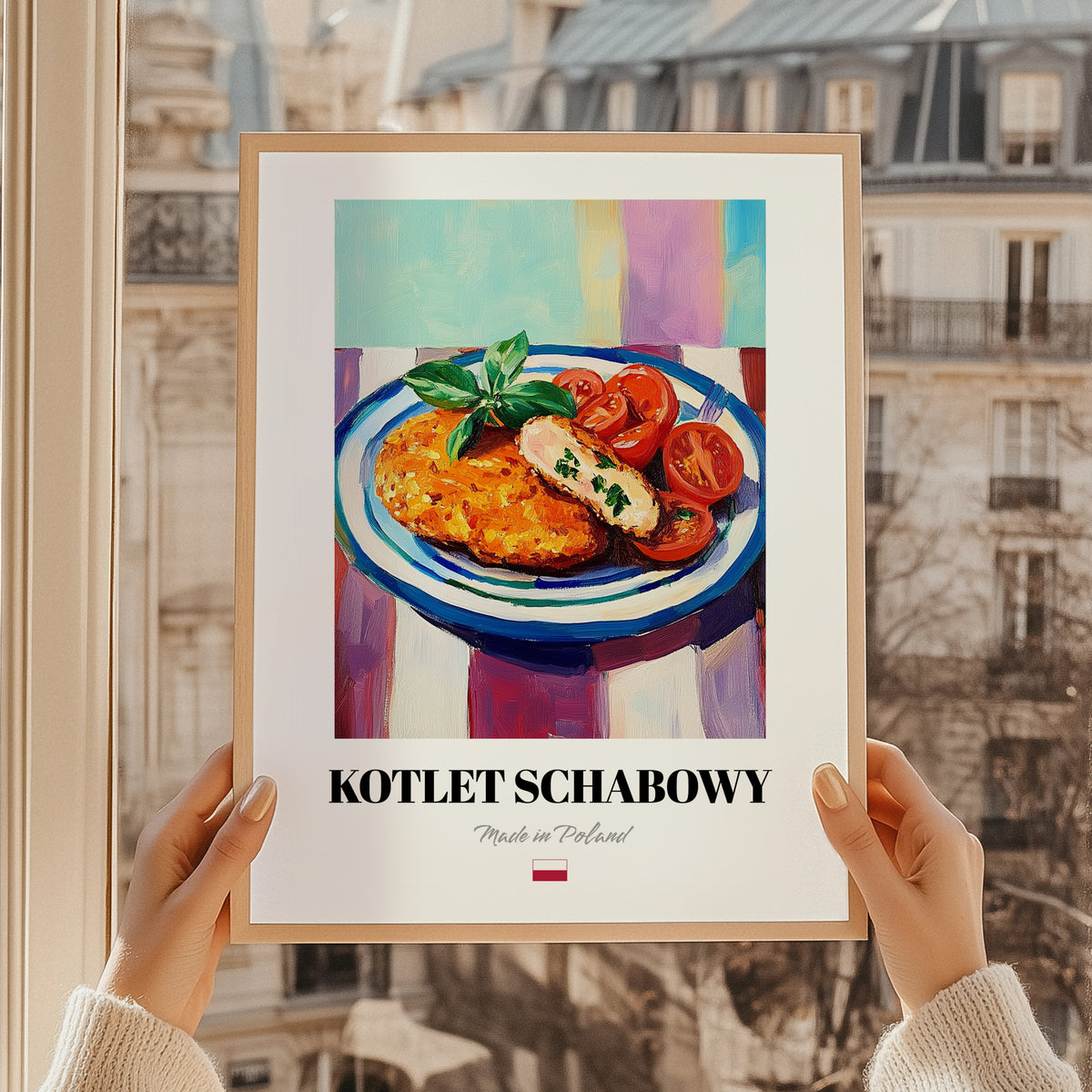 Kotlet Schabowy – Colorful Oil Painting, Polish Food Wall Decor, styled in a charming Paris street view