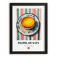 Pastel de Nata – on Striped Tablecloth, Portuguese Dessert Painting, in sleek black frame