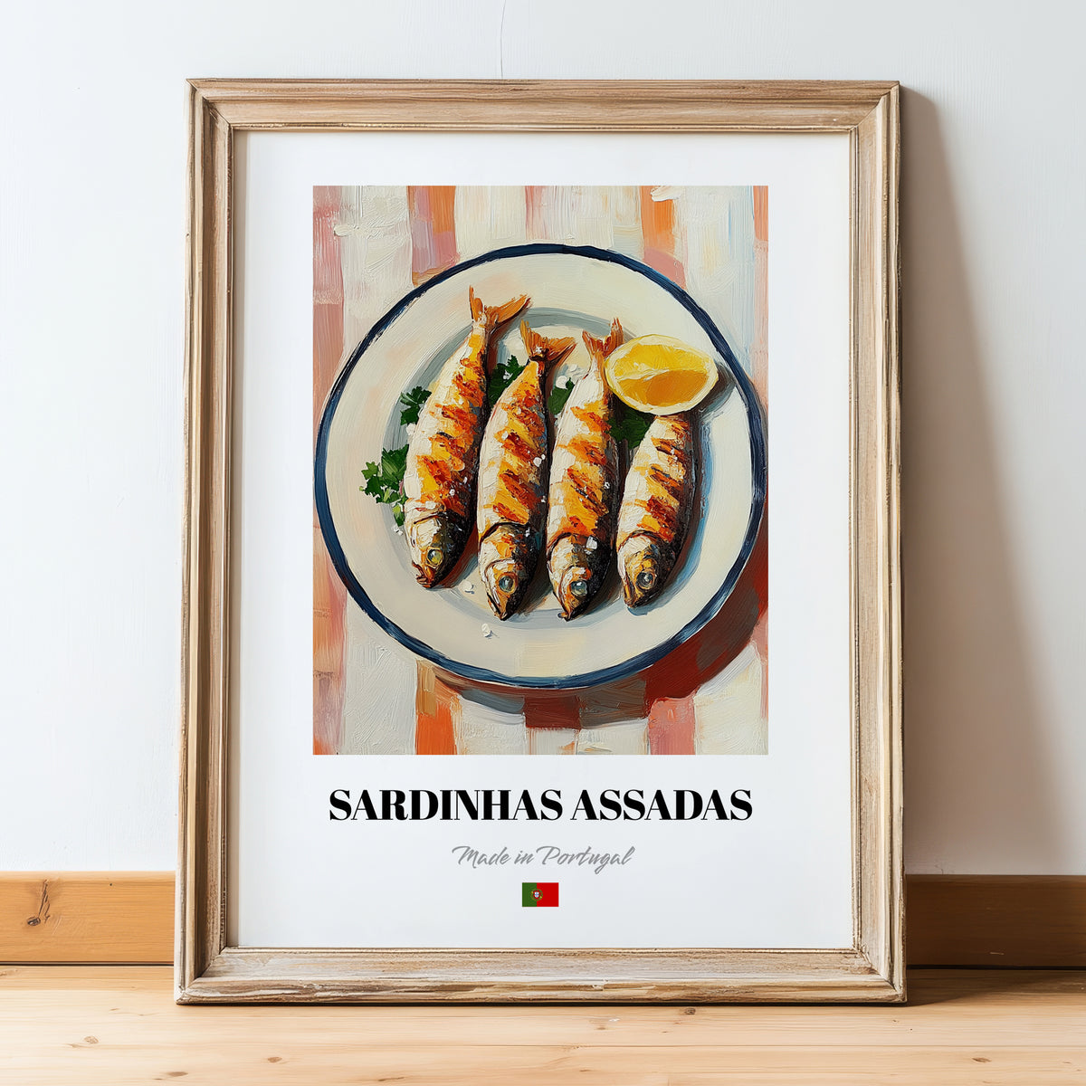 Sardinhas Assadas – on Striped Tablecloth, Portuguese Food Painting, in wooden frame leaning on the floor