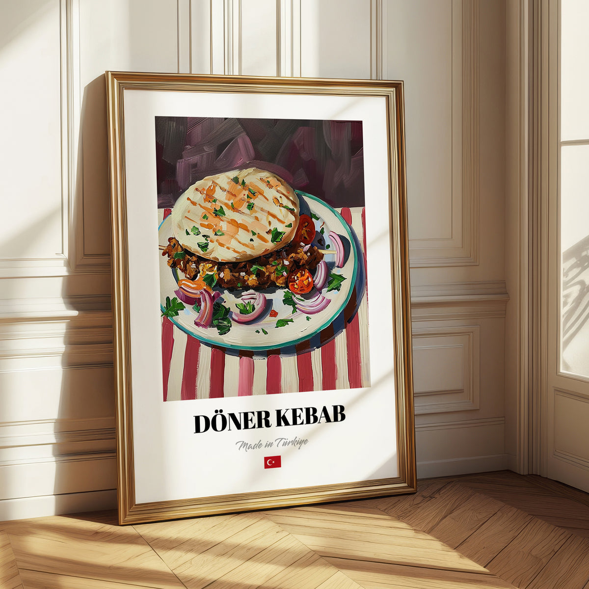 Döner Kebab – on Striped Tablecloth, Turkish Food Painting