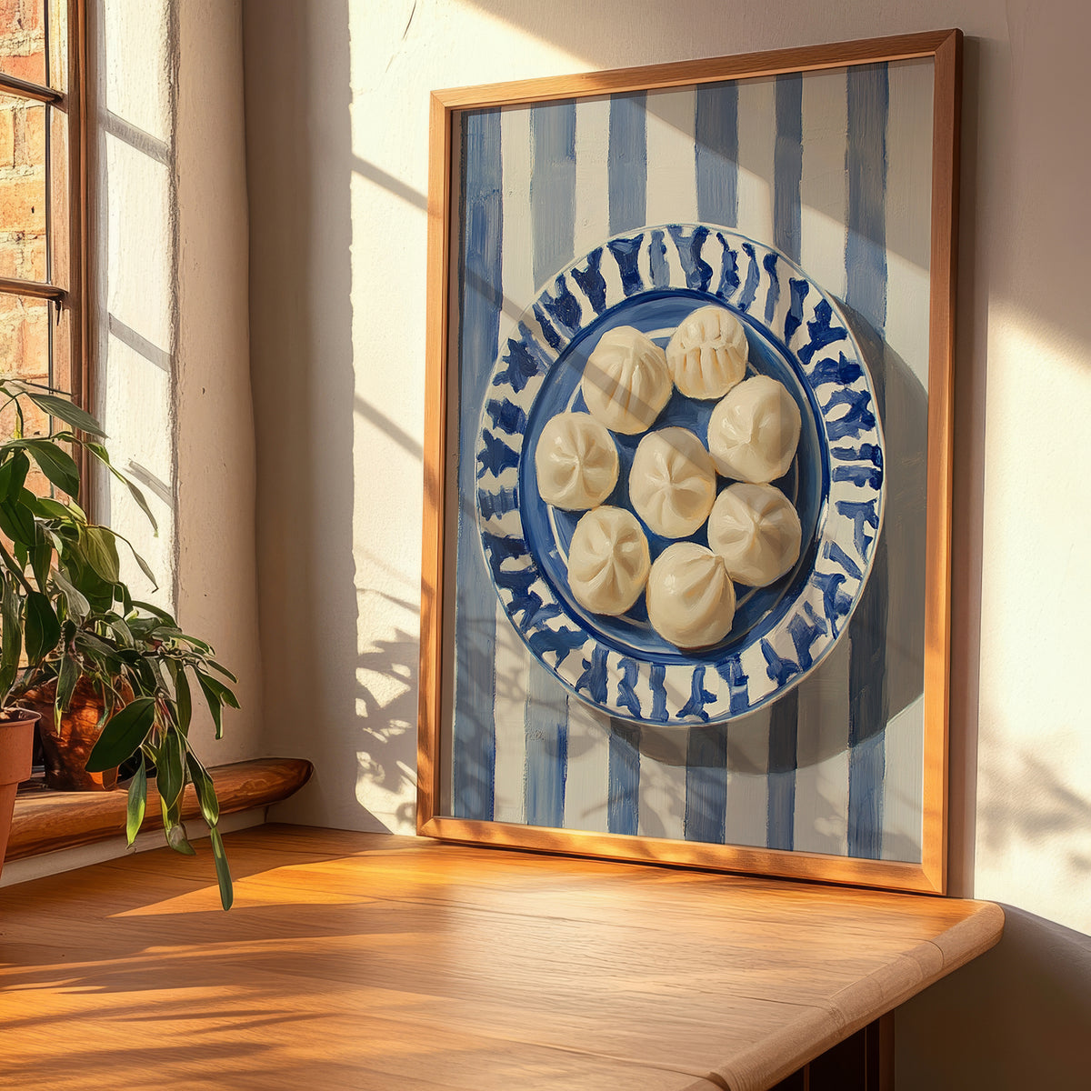 Mantı – on Striped Tablecloth, Turkish Pasta Painting, clean layout with no caption