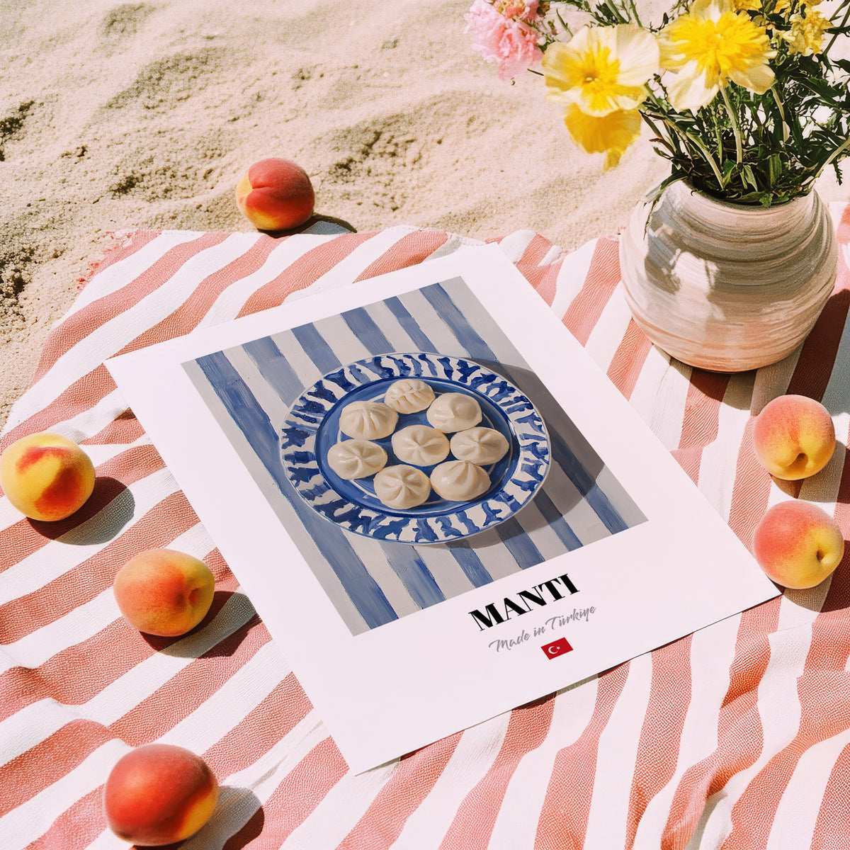 Mantı – on Striped Tablecloth, Turkish Pasta Painting, unframed on coastal sand