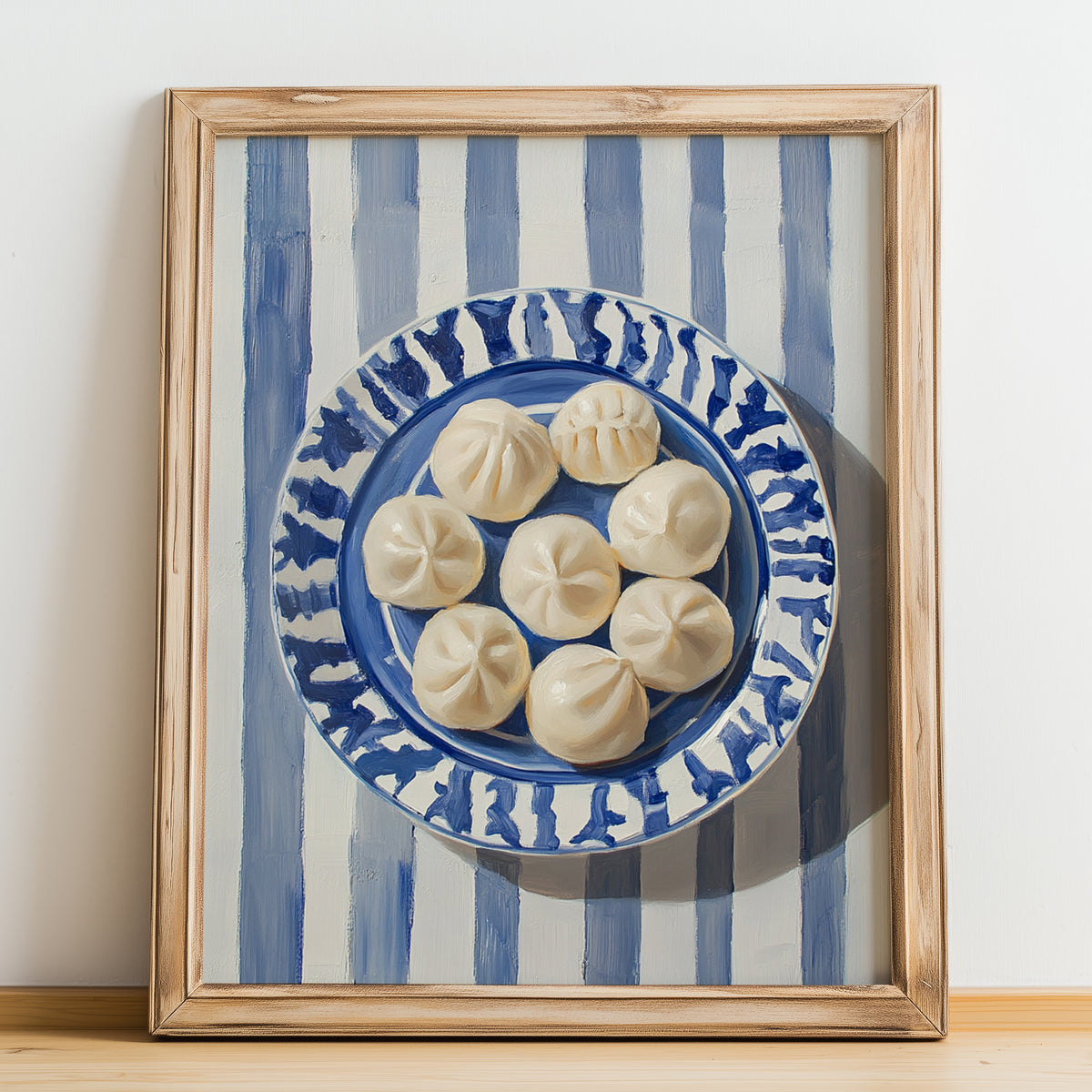 Mantı – on Striped Tablecloth, Turkish Pasta Painting, no-text version framed in wood