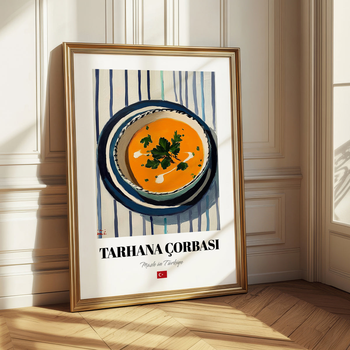 Tarhana Çorbası – on Striped Tablecloth, Turkish Food Still Life