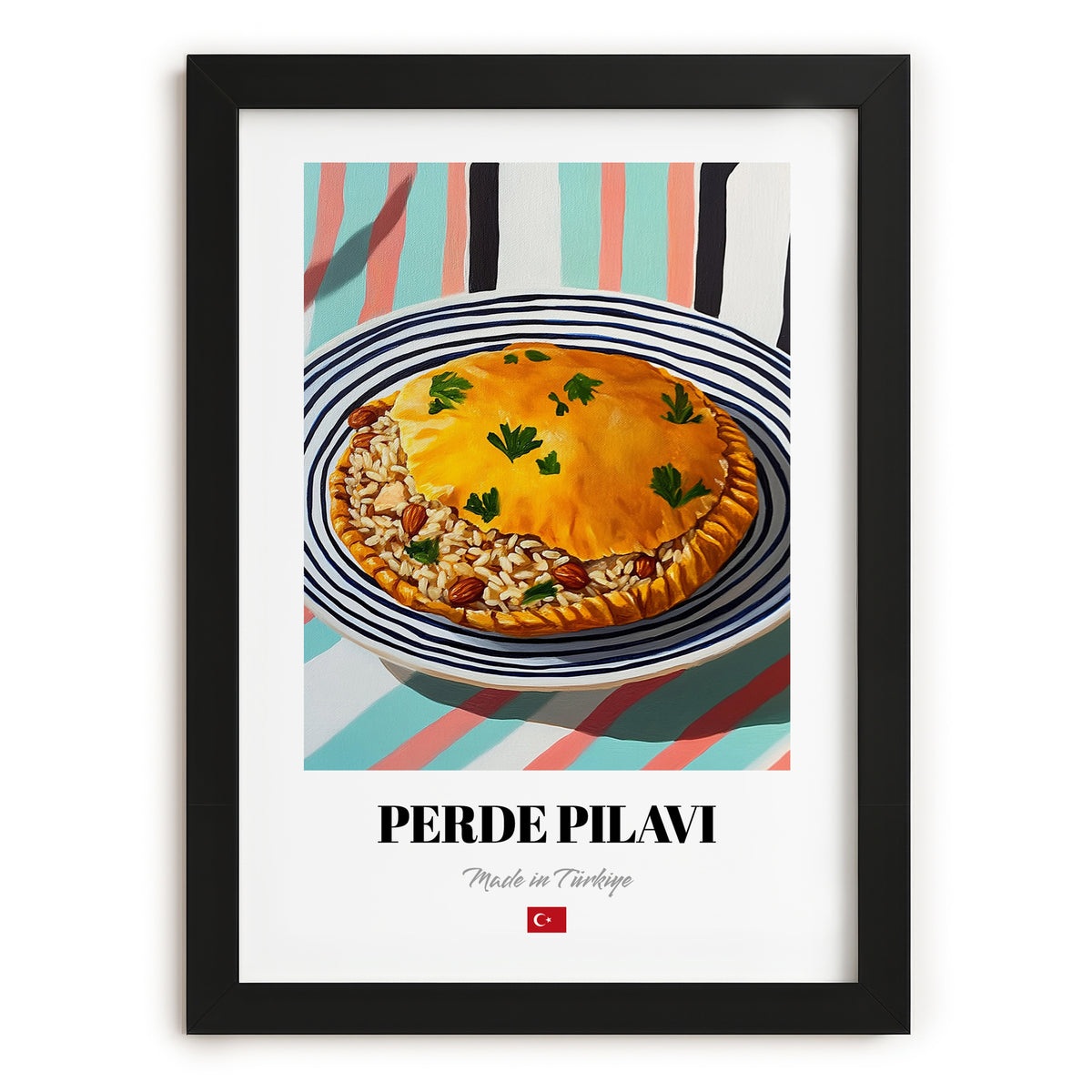 Perde Pilavı – on Striped Tablecloth, Turkish Food Illustration, in sleek black frame