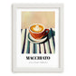 Macchiato – on Striped Tablecloth, Italian Coffee Print, placed in minimal white frame