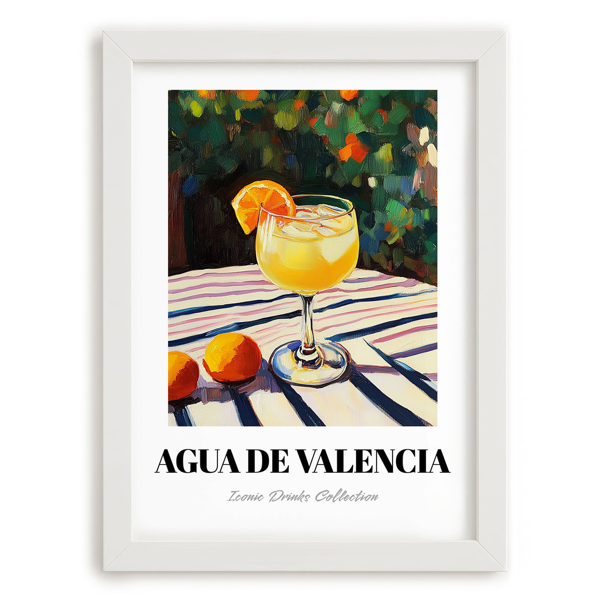 Agua De Valencia – Spanish Garden Café Scene, Spanish Cocktail Still Life, placed in minimal white frame