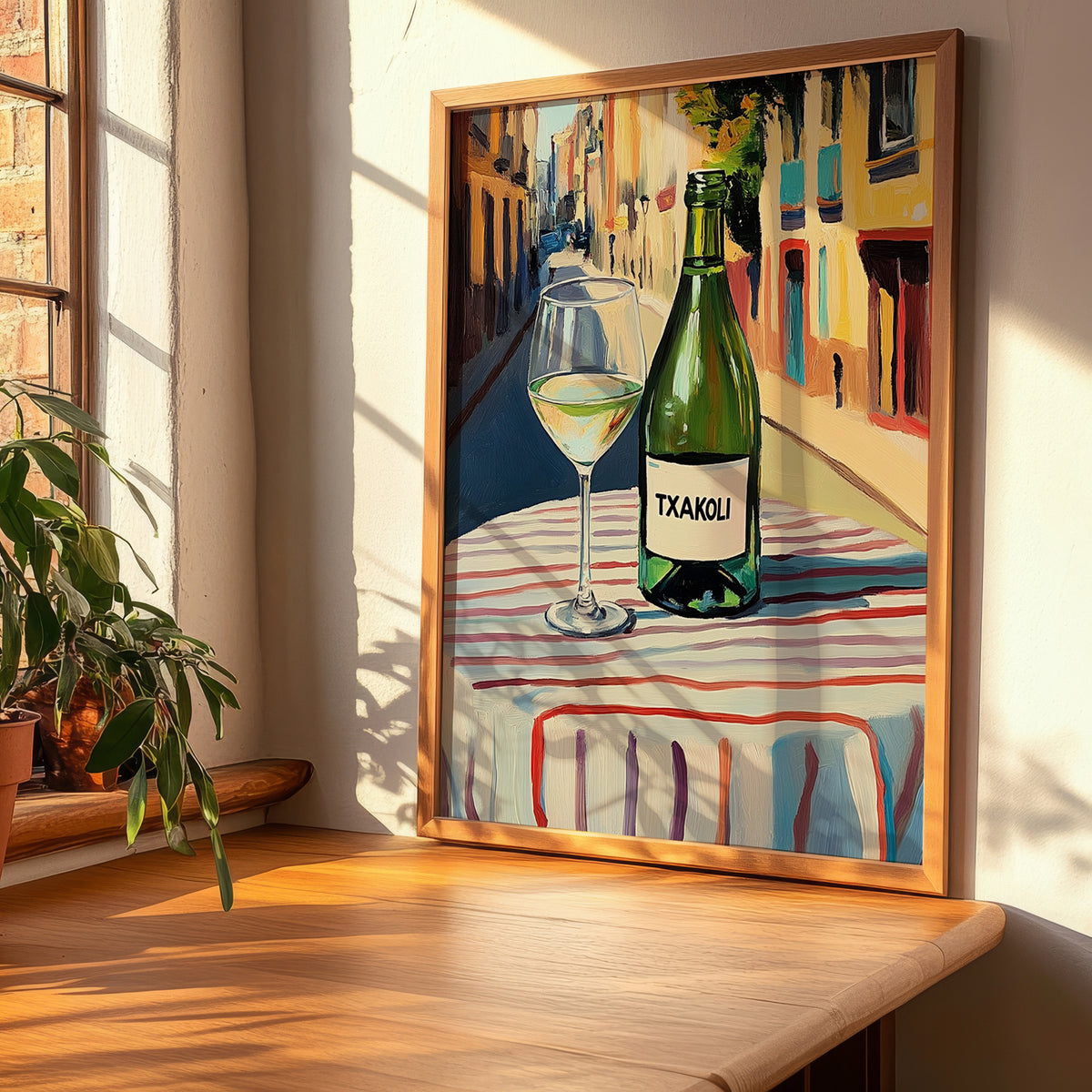 Txakoli – Spanish Outdoor Café Scene, Spanish Wine Painting, clean layout with no caption