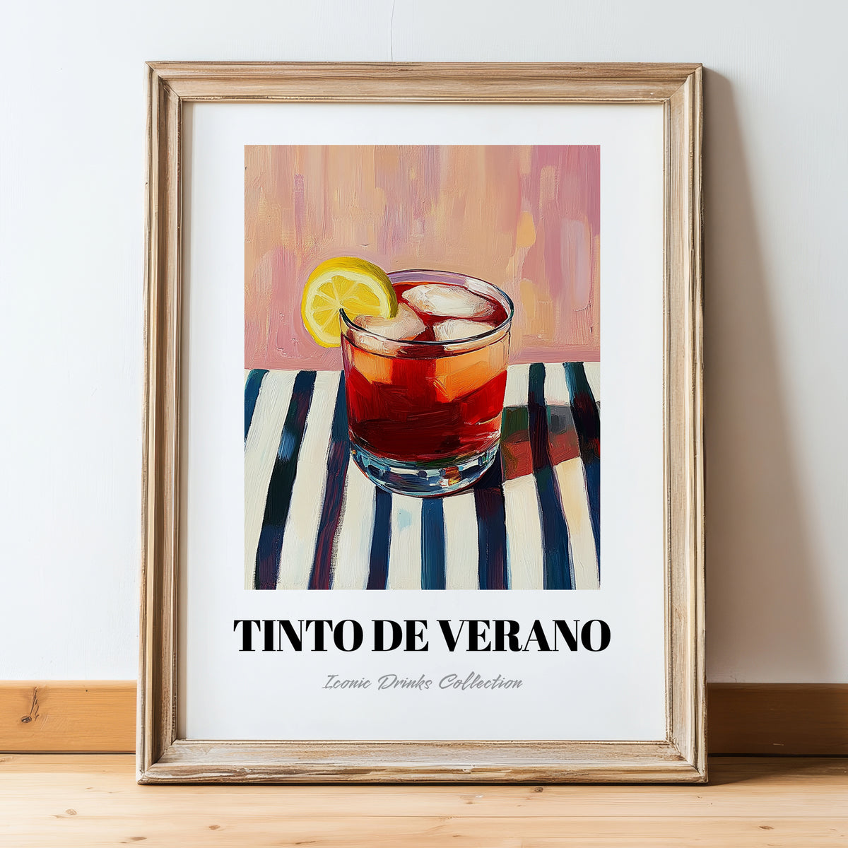 Tinto De Verano – on Striped Tablecloth, Spanish Cocktail Poster, in wooden frame leaning on the floor