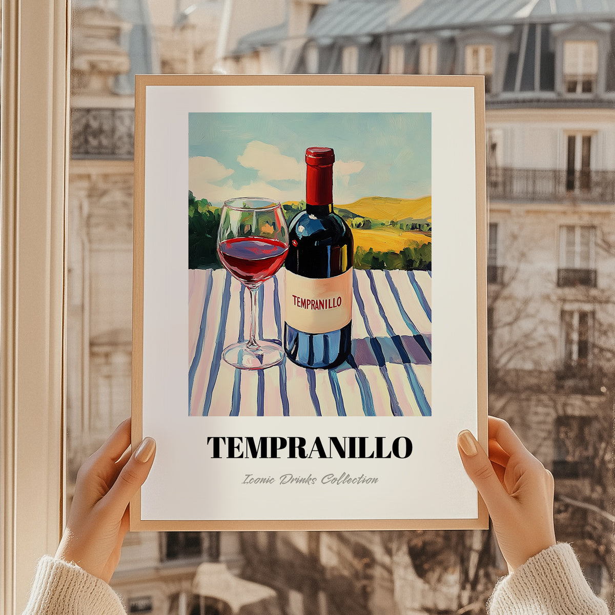 Tempranillo – Spanish Hillside Café View, Spanish Wine Wall Decor, styled in a charming Paris street view