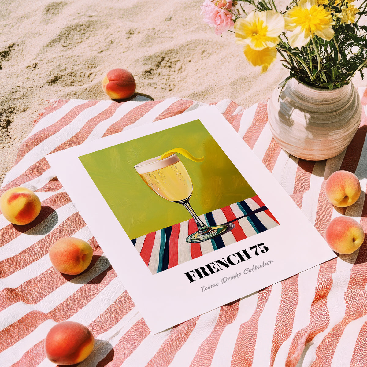French 75 – on Striped Tablecloth, French Cocktail Still Life, unframed on coastal sand