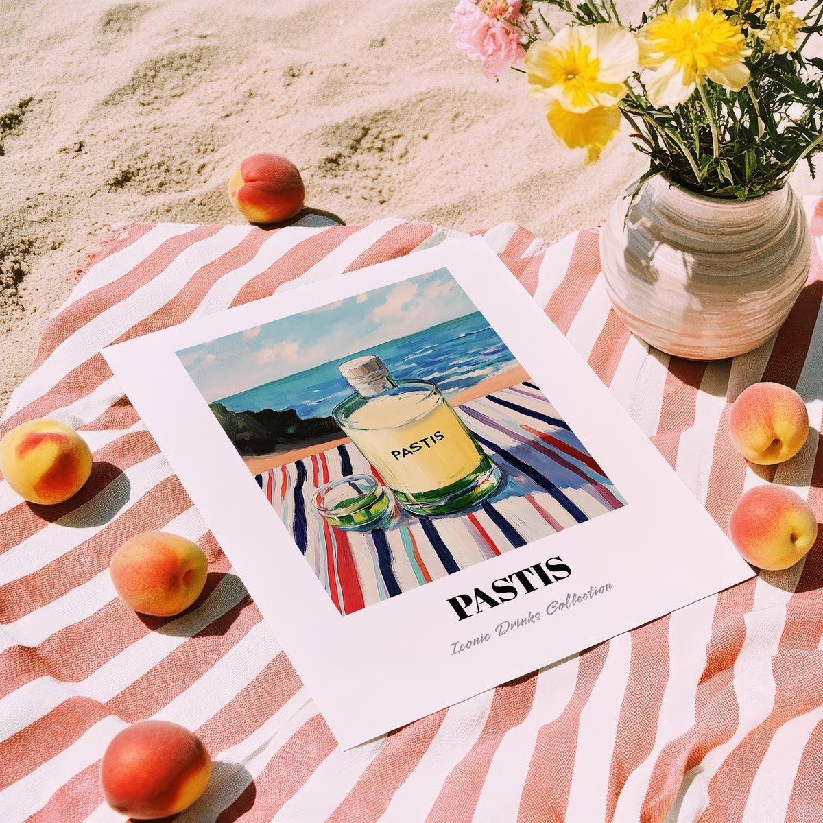 Pastis – French Coastal Café Moment, French Spirit Illustration, unframed on coastal sand
