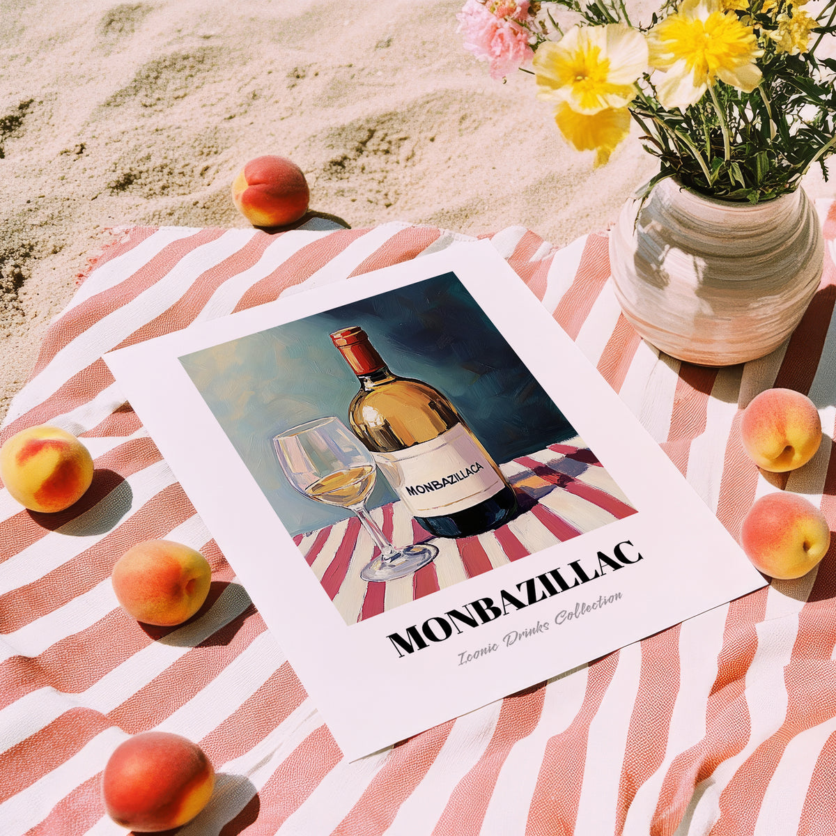 Monbazillac – on Striped Tablecloth, French Wine Wall Decor, unframed on coastal sand