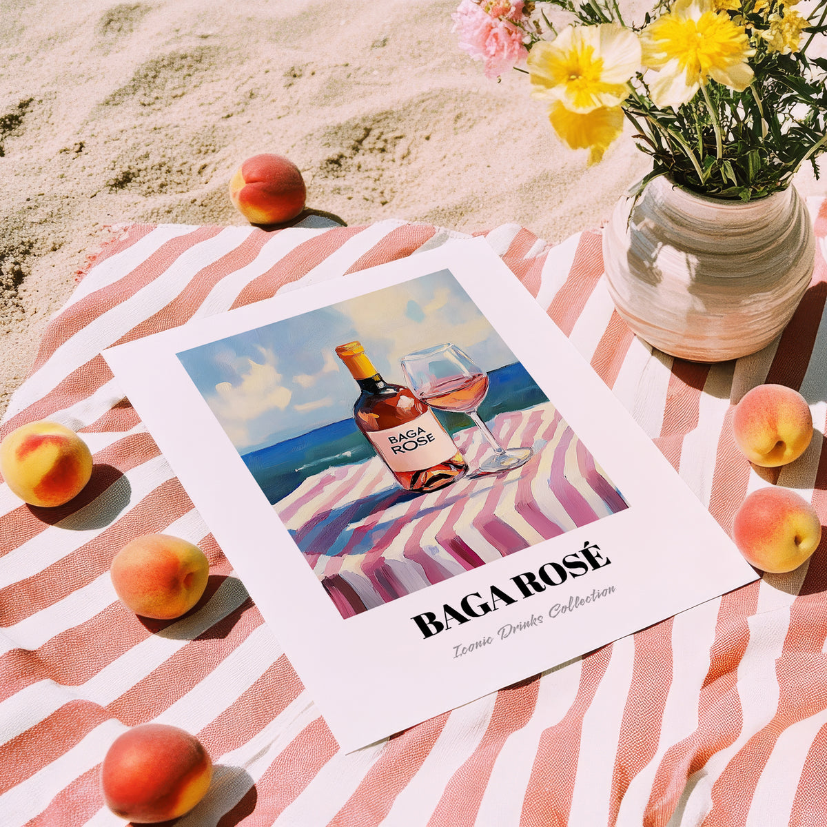Baga Rosé – Portuguese Seaside Scene, Portuguese Wine Poster, unframed on coastal sand