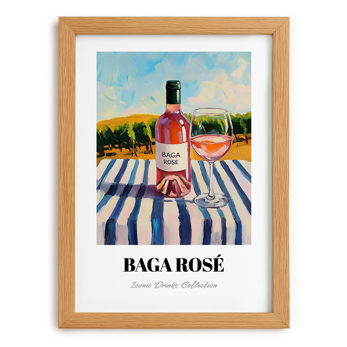 Baga Rosé – Portuguese Hilltop Café Scene, Portuguese Wine Wall Illustration, set in oak frame