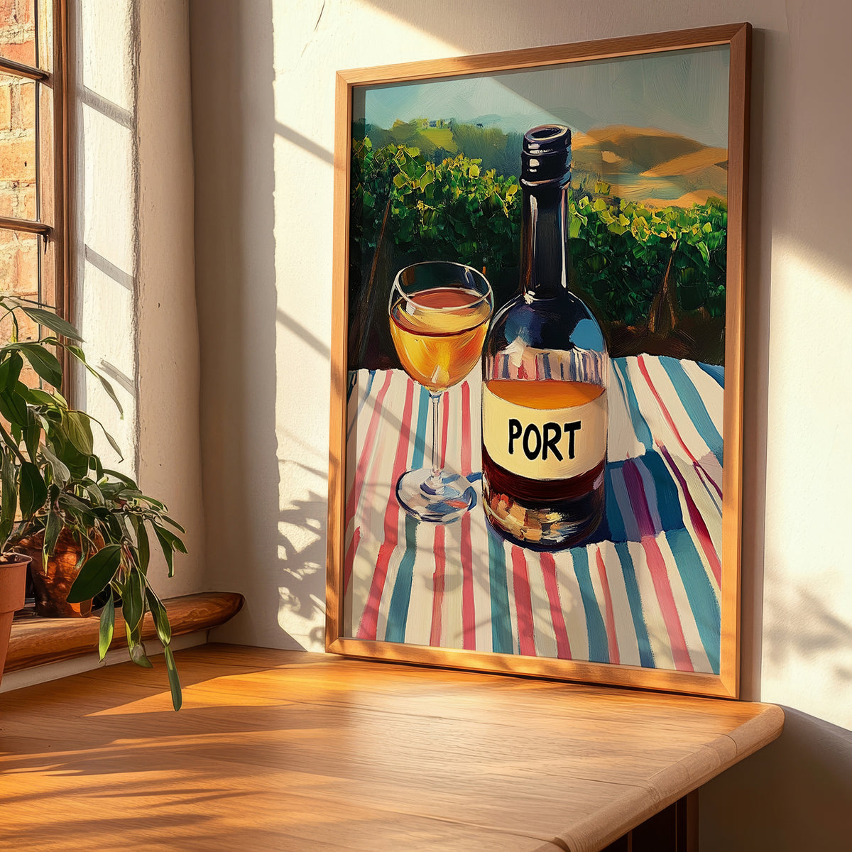 Port – Portuguese Hilltop Café Scene, Portuguese Dessert Wine Painting, clean layout with no caption