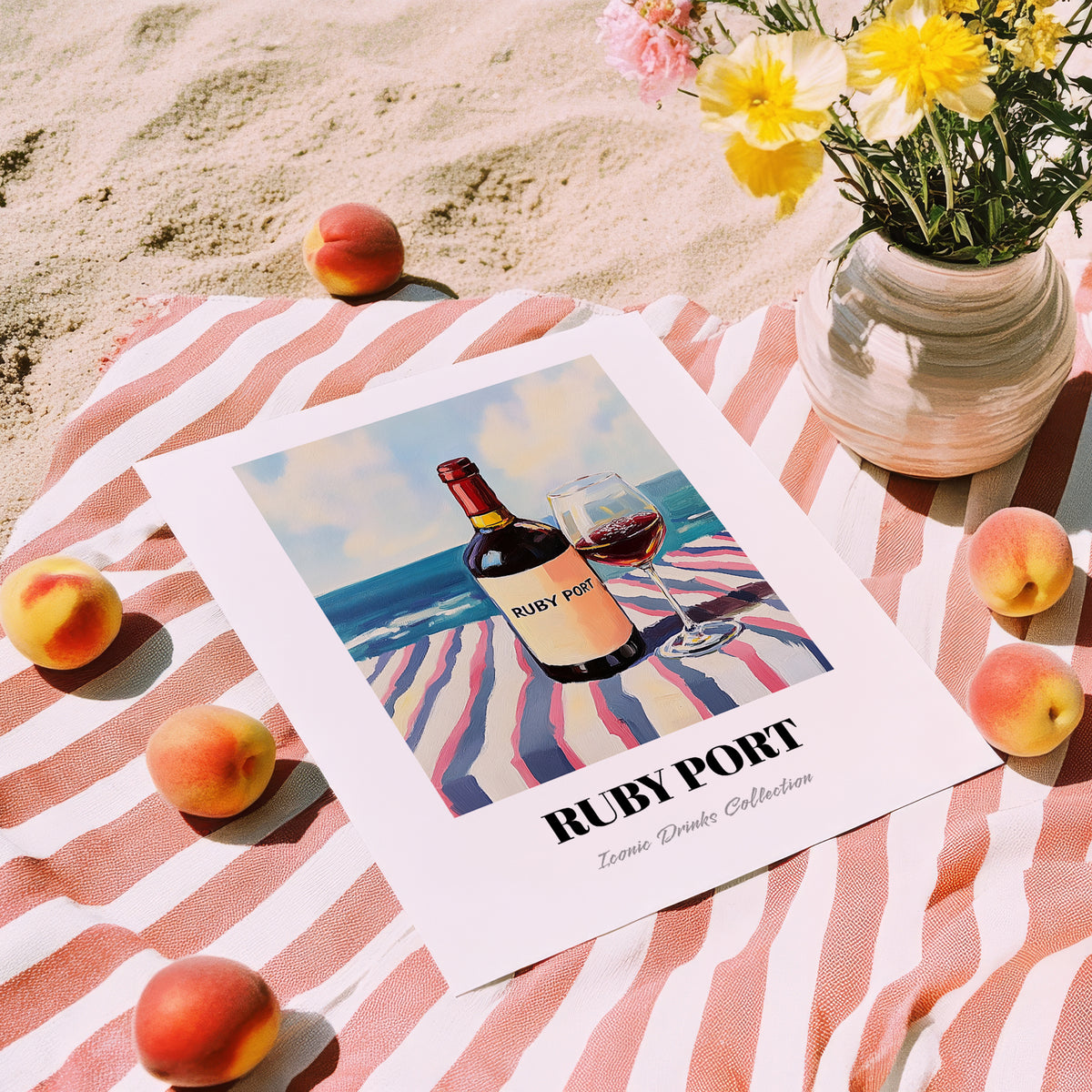 Ruby Port – Portuguese Seaside Scene, Portuguese Dessert Wine Wall Illustration, unframed on coastal sand