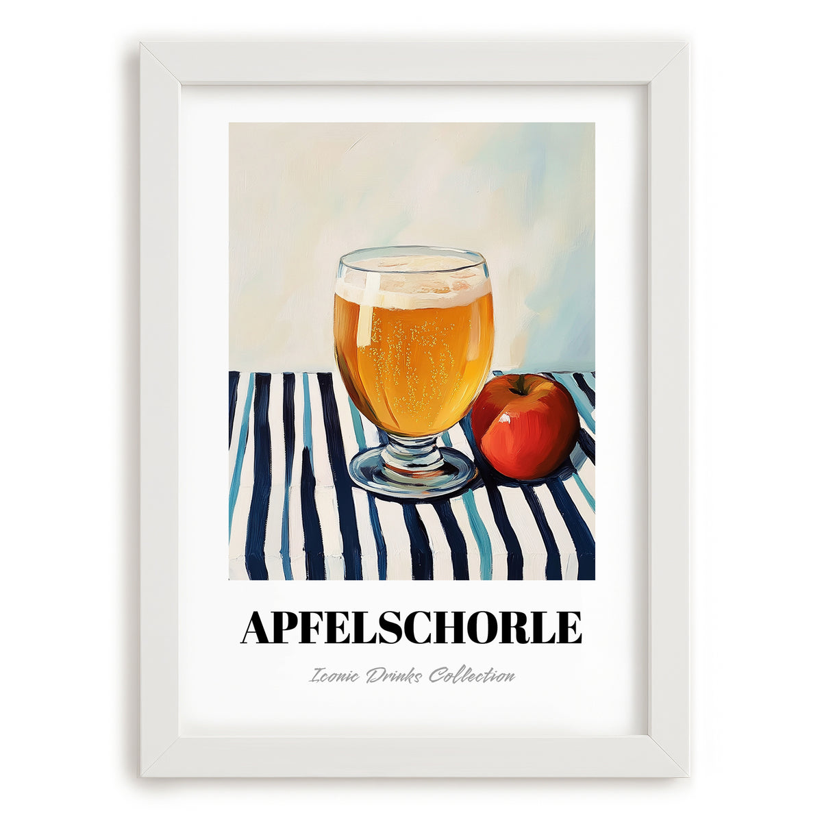 Apfelschorle – on Striped Tablecloth, German Beverage Print, placed in minimal white frame