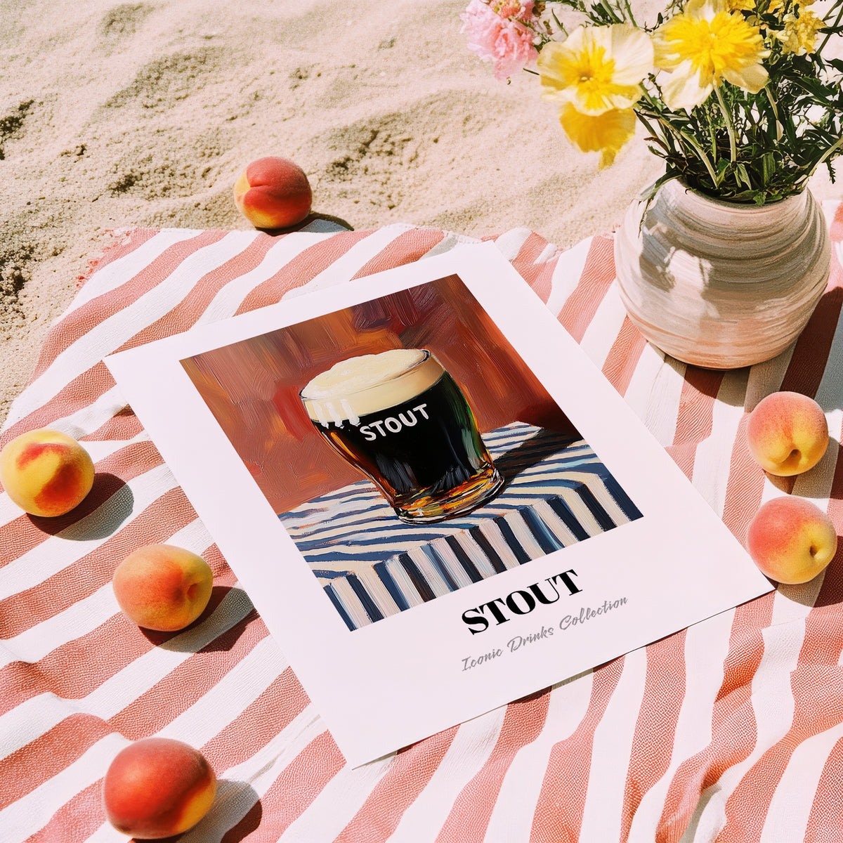 Stout – on Striped Tablecloth, English Beer Painting, unframed on coastal sand
