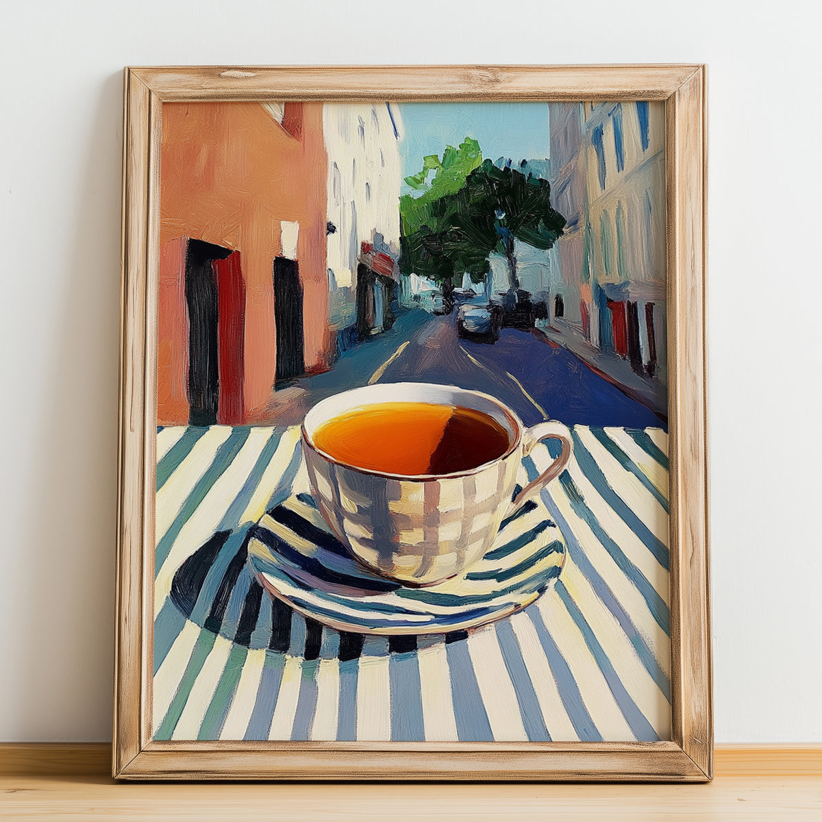 Earl Grey – English Urban Café Scene, English Tea Illustration, no-text version framed in wood