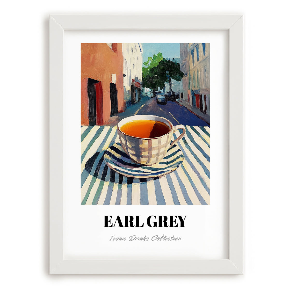 Earl Grey – English Urban Café Scene, English Tea Illustration, placed in minimal white frame