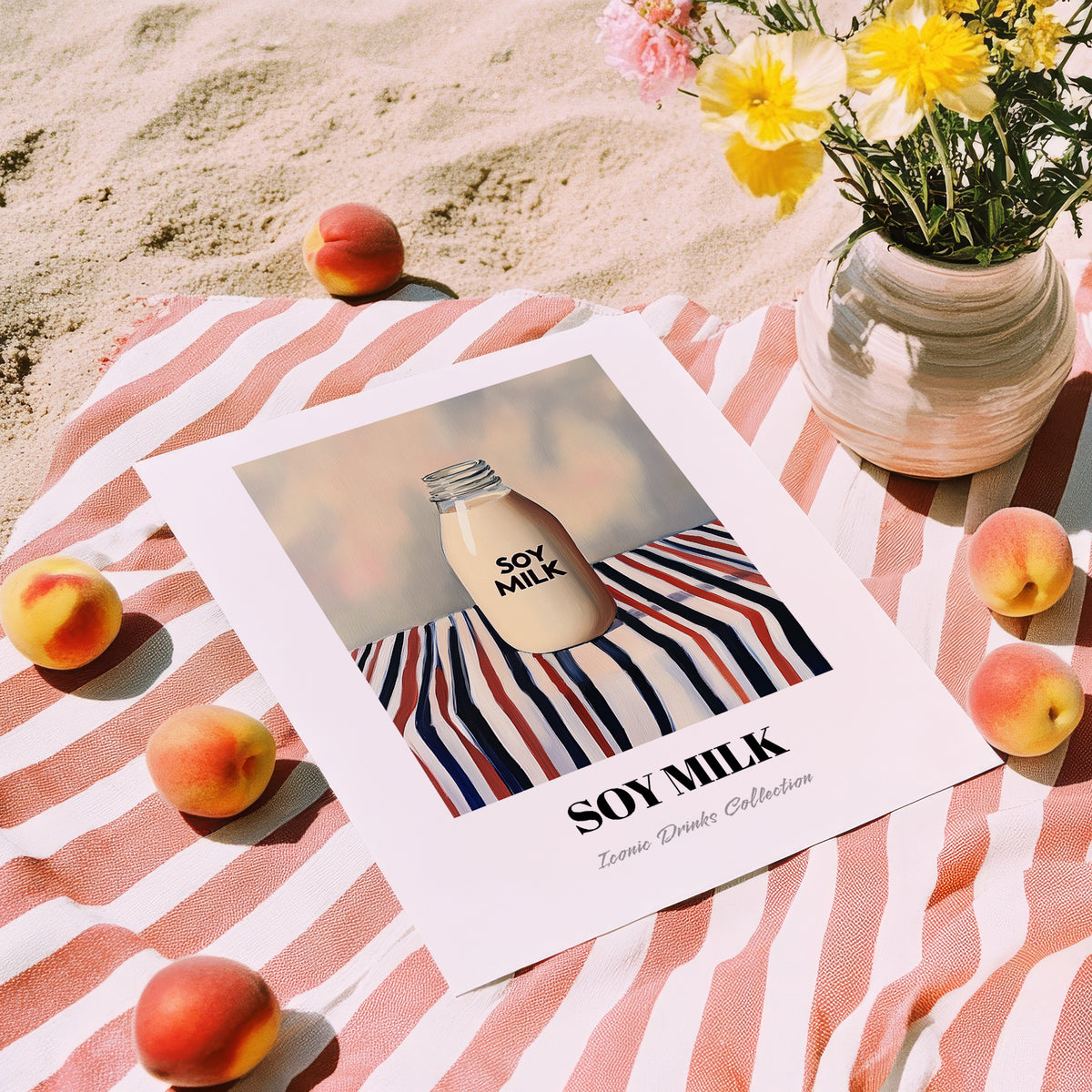 Soy Milk – on Striped Tablecloth, Chinese Beverage Illustration, unframed on coastal sand