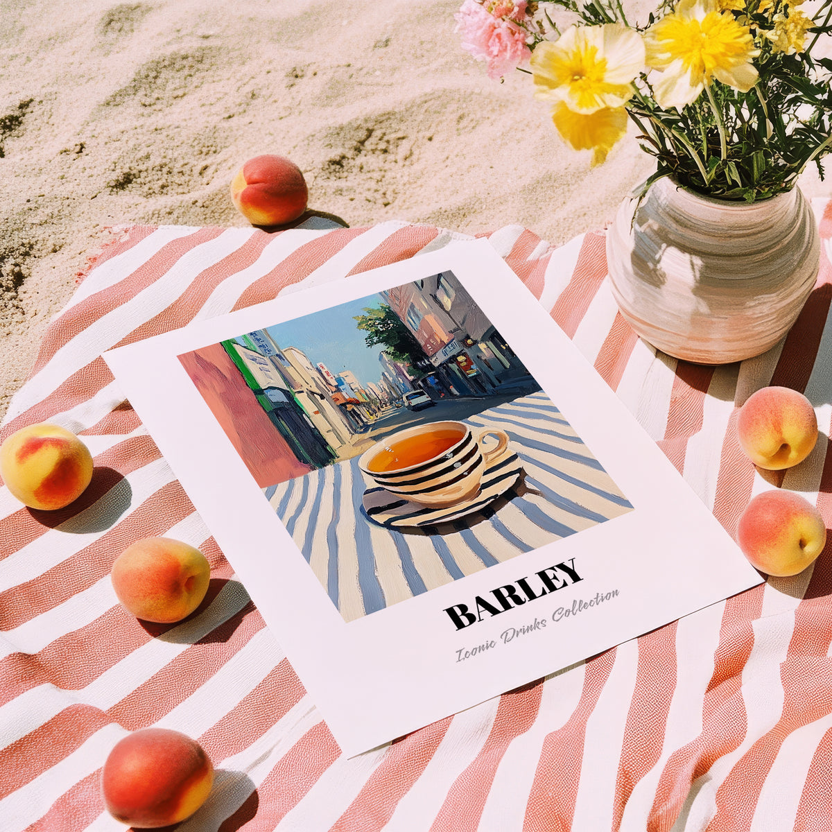 Barley – Korean Café on the Corner, Korean Beer Still Life, unframed on coastal sand