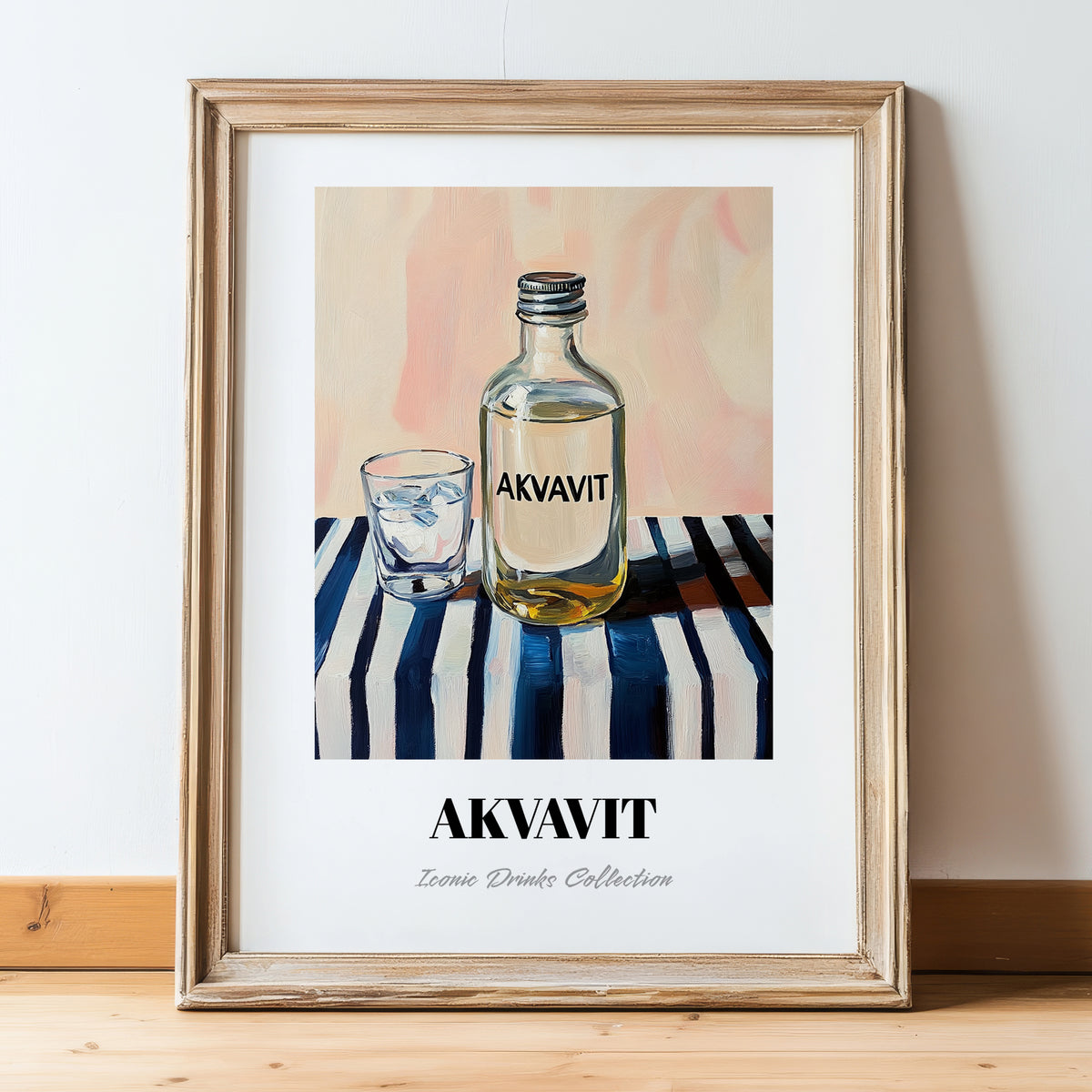 Akvavit – on Striped Tablecloth, Danish Spirit Wall Print, in wooden frame leaning on the floor