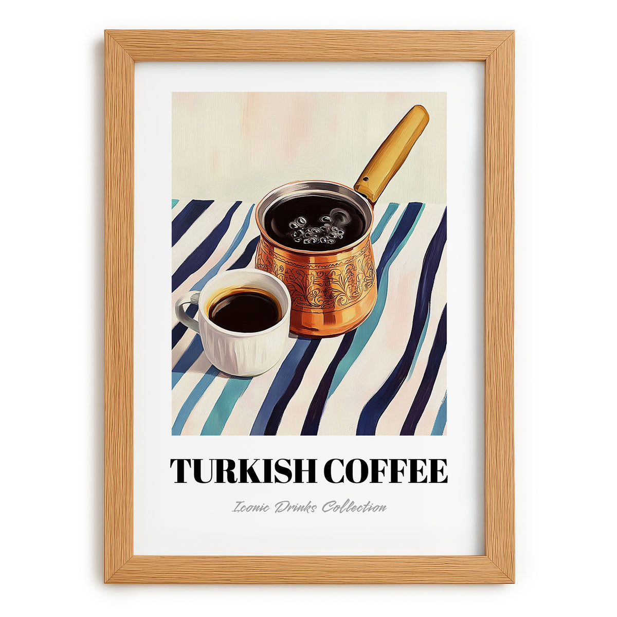 Turkish Coffee – on Striped Tablecloth, Türk Kahvesi Still Life, set in oak frame