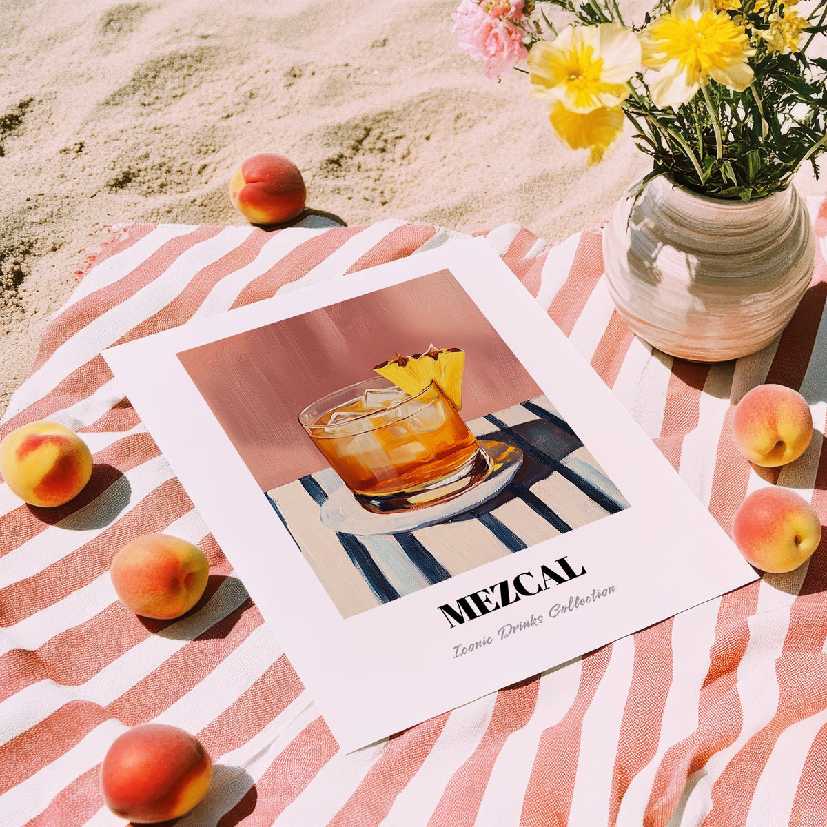 Mezcal – on Striped Tablecloth, Mexican Spirit Wall Poster, unframed on coastal sand