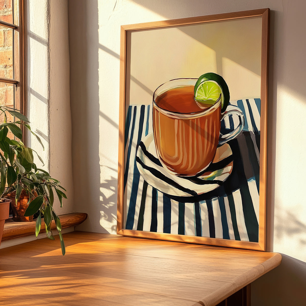 Aguapanela – on Striped Tablecloth, Colombian Beverage Painting, clean layout with no caption