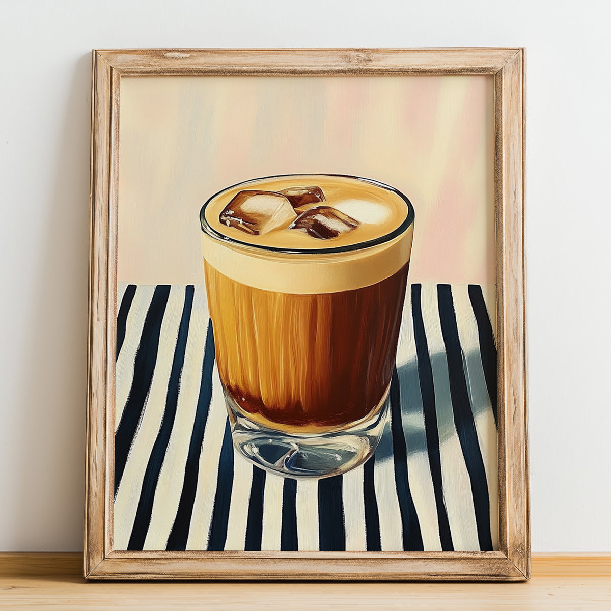 Cà Phê Sữa Đá – on Striped Tablecloth, Vietnamese Beverage Poster, no-text version framed in wood