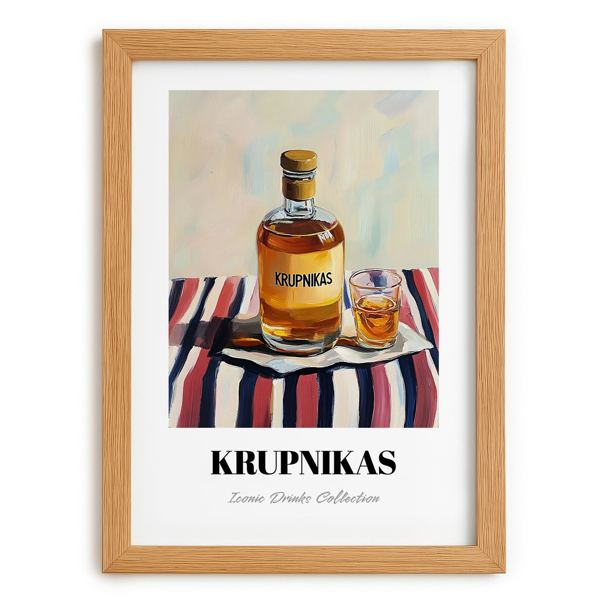 Krupnikas – on Striped Tablecloth, Lithuanian Beverage Painting, set in oak frame
