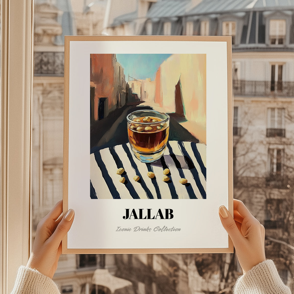 Jallab – Syrian Street Café Scene, Syrian Beverage Wall Decor, styled in a charming Paris street view