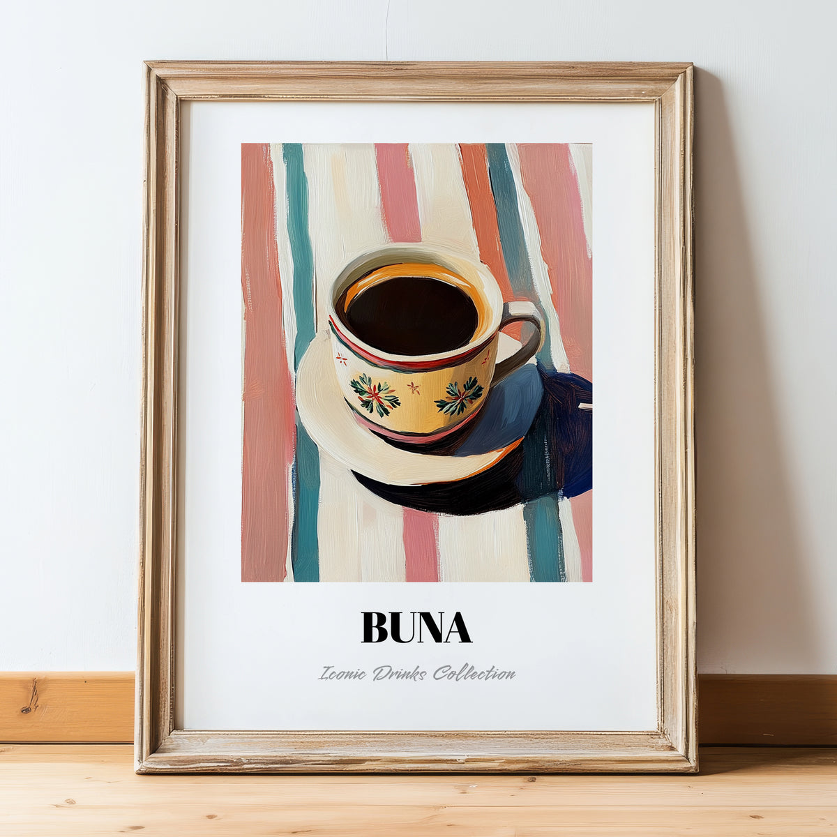 Buna – on Striped Tablecloth, Ethiopian Coffee Painting, in wooden frame leaning on the floor