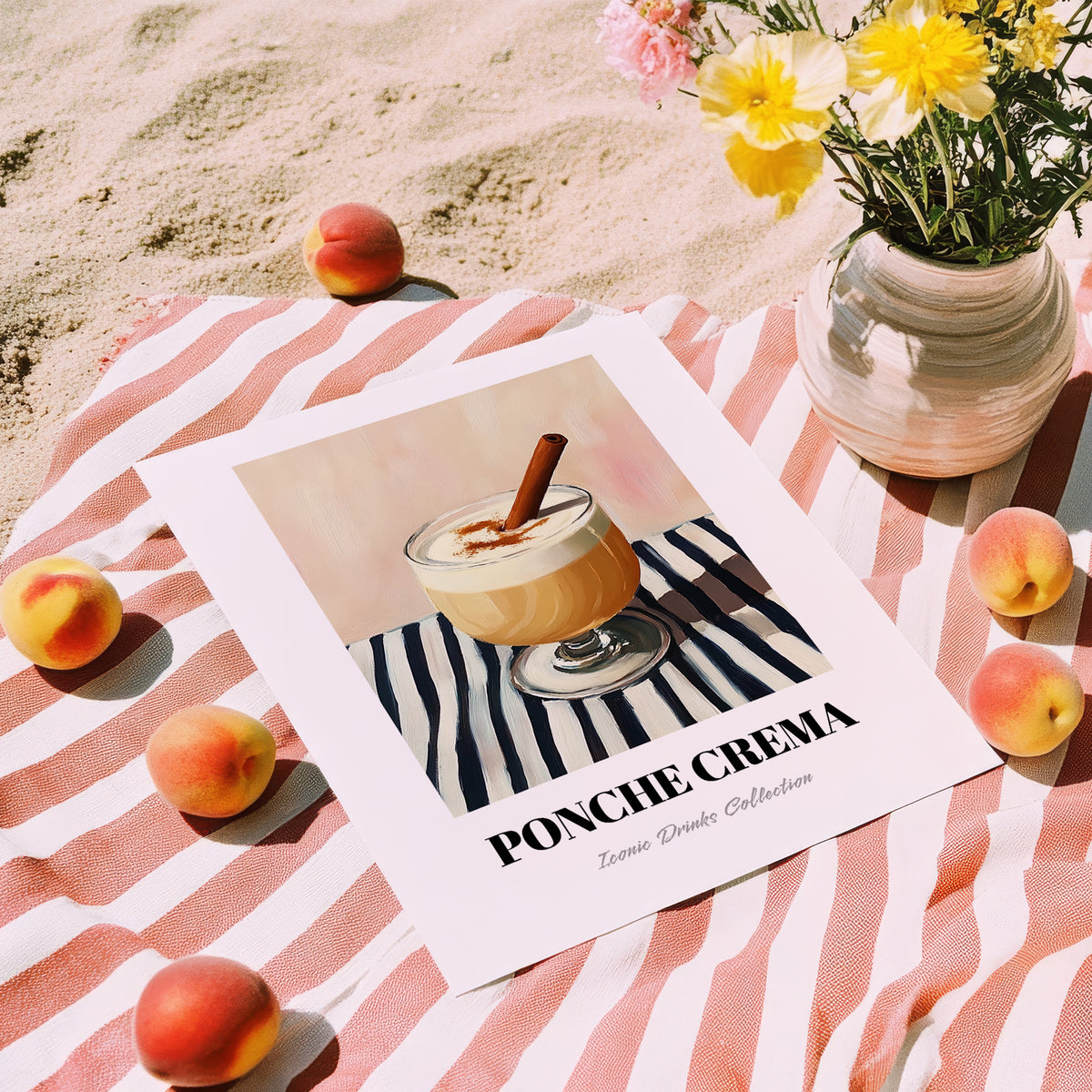 Ponche Crema – on Striped Tablecloth, Venezuelan Beverage Still Life, unframed on coastal sand