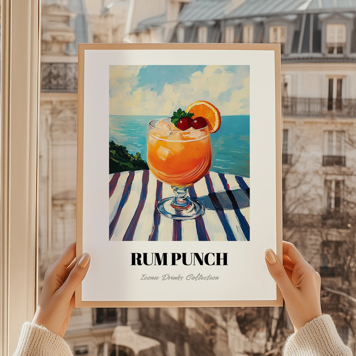 Rum Punch – Jamaican Seaside Scene, Jamaican Beverage Poster, styled in a charming Paris street view