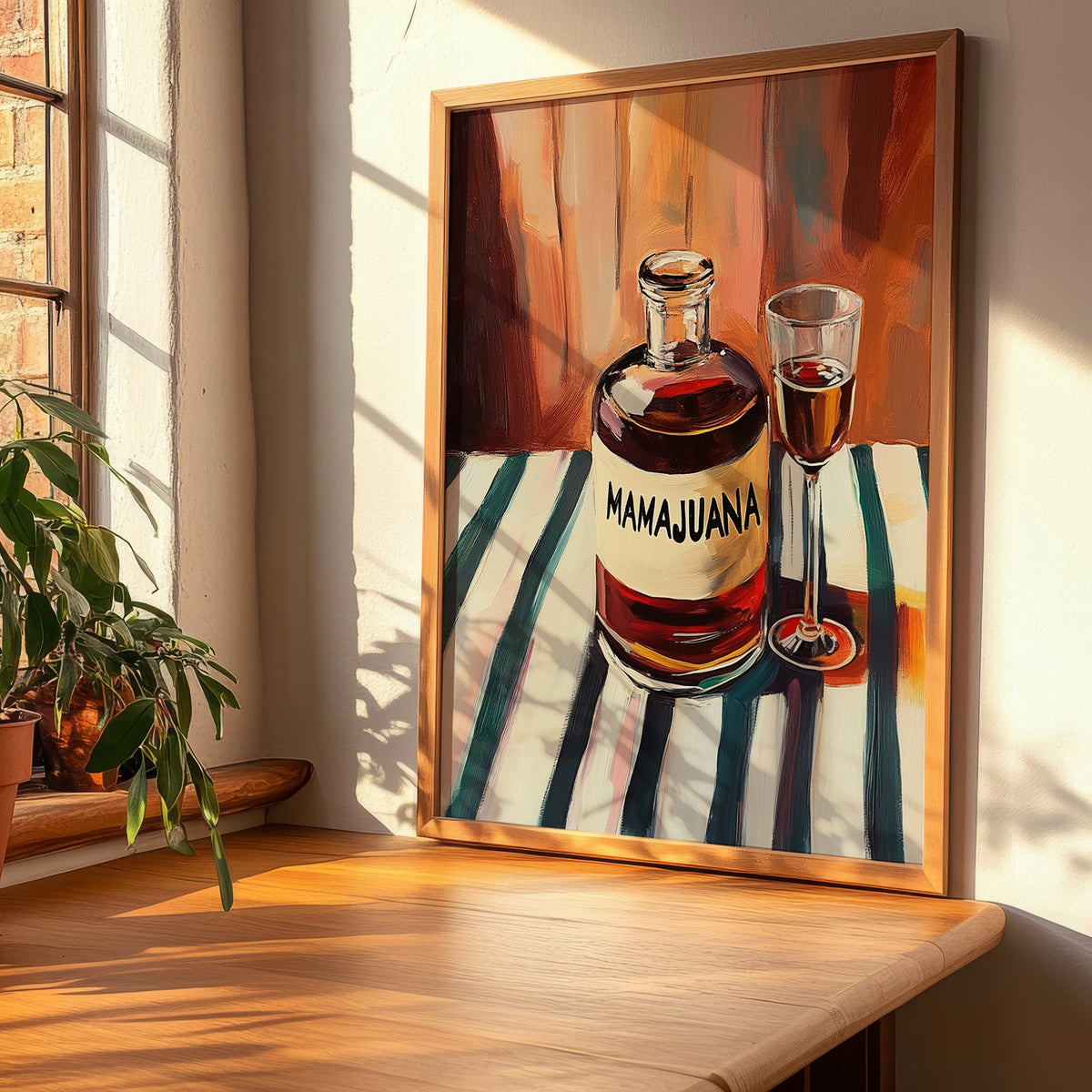 Mamajuana – on Striped Tablecloth, Dominican Spirit Still Life, clean layout with no caption