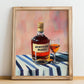 Armenian Brandy – on Striped Tablecloth, Armenian Spirit Wall Decor, no-text version framed in wood