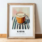 Karak – on Striped Tablecloth, Qatari Beverage Wall Decor, in wooden frame leaning on the floor